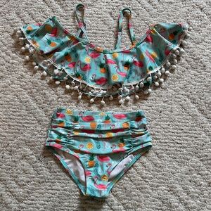 Flamingo Print Bikini Set with Pom Pom Trim